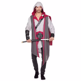Mittelalter Krieger Kostüm Herren – Artus Ritter mit Kapuze Gr. 48-54 SALE Fasching Karneval Mottoparty Assassine Filmheld Mittelalter-Kriegerkostüm für Herren mit grauem Kapuzengewand, dunkelgrauer Weste, roten Akzenten, Gürtel in Lederoptik und passenden Armstulpen im Ritterstil.