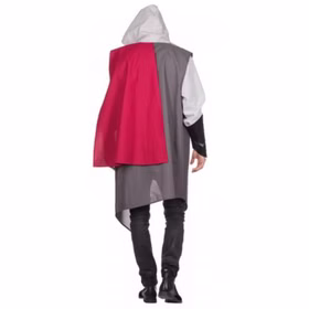 Mittelalter Krieger Kostüm Herren – Artus Ritter mit Kapuze Gr. 48-54 SALE Fasching Karneval Mottoparty Assassine Filmheld Mittelalter-Kriegerkostüm für Herren mit grauem Kapuzengewand, roten Akzenten von Hinten.