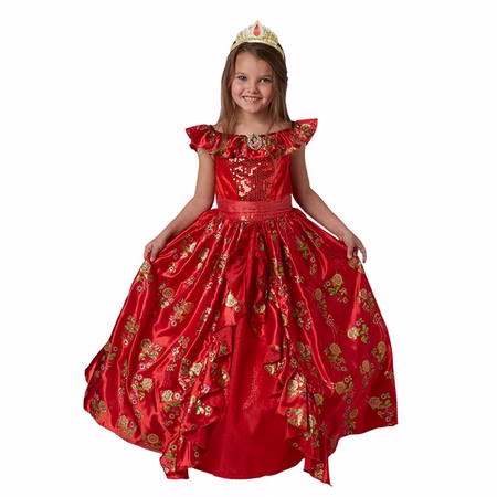 Disney Elena von Avalor Kostüm Ballkleid Rot für Kinder mit Diadem 3-4 Jahre SALE Fasching Karneval Kindergeburtstag Disney-Kostüm Kinderfasching Mädchen trägt ein rotes Elena von Avalor Ballkleid mit goldfarbenem Blumenmuster, Volants, Diadem und weitem Prinzessinnenrock im Disney-Look.