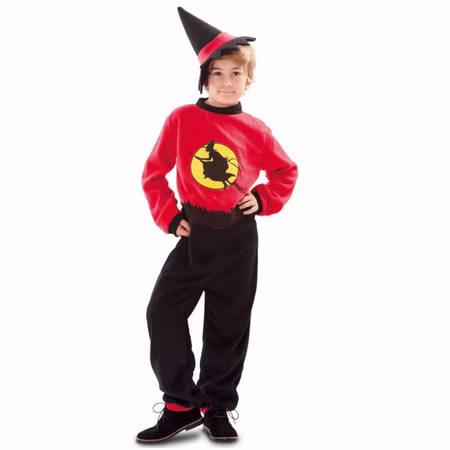 Hexenkostüm Kinder mit Hexenhut Halloween Kostüm Gr. 146/164 SALE Fasching Karneval Mottoparty Geburtstag Halloween Kind trägt ein rot-schwarzes Hexenkostüm mit Hexenhut und Hexenmotiv auf der Brust vor hellem Hintergrund.