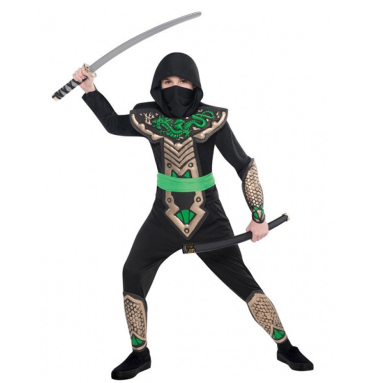 Ninja Kostüm Dragon für Kinder 4-10 Jahre schwarz-grün SALE Fasching Karneval Mottoparty Kinderfasching asiatische Kampfkunst 