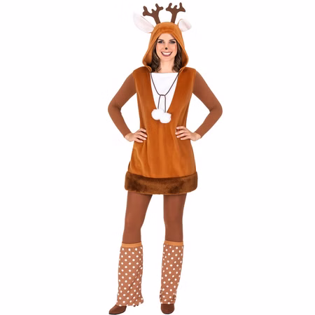 Reh Kostüm Rehlein Kleid mit Stulpen für Damen Gr. 36-46 Braun Tier Tierkostüm Rehkleid Fasching Karneval Mottoparty Reh Kostüm Rehlein Kleid mit Stulpen für Damen von Vorne