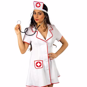 Detailaufnahme Krankenschwester Kostüm Nettie für Damen von Vorne mit weißem Kleid und Krankenschwesterhaube