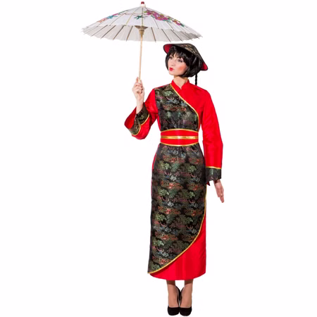 China Kostüm Mrs. Wang Damen rotes Kleid mit Jacquard Gr. 42 SALE Fasching Asiatin Andere Länder China Japan Asien Fasching Karneval Mottoparty Frau im langen roten Kostümkleid mit schwarzem, mehrfarbig gemustertem Jacquardbesatz und goldfarbenem Bindegürtel; Hut und Schirm sind Zubehör.