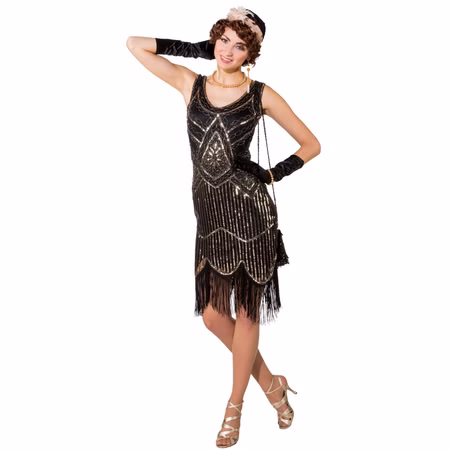 Charleston Kostüm 20er Jahre Deluxe Pailletten-Kleid für Damen Gr. S-XL gold-schwarz Paillettenkleid mit Fransen Fasching Karneval Mottoparty Charleston Kostüm 20er Jahre Deluxe Pailletten-Kleid für Damen Gr. S-XL gold-schwarz Paillettenkleid mit Fransen Fasching Karneval Mottoparty