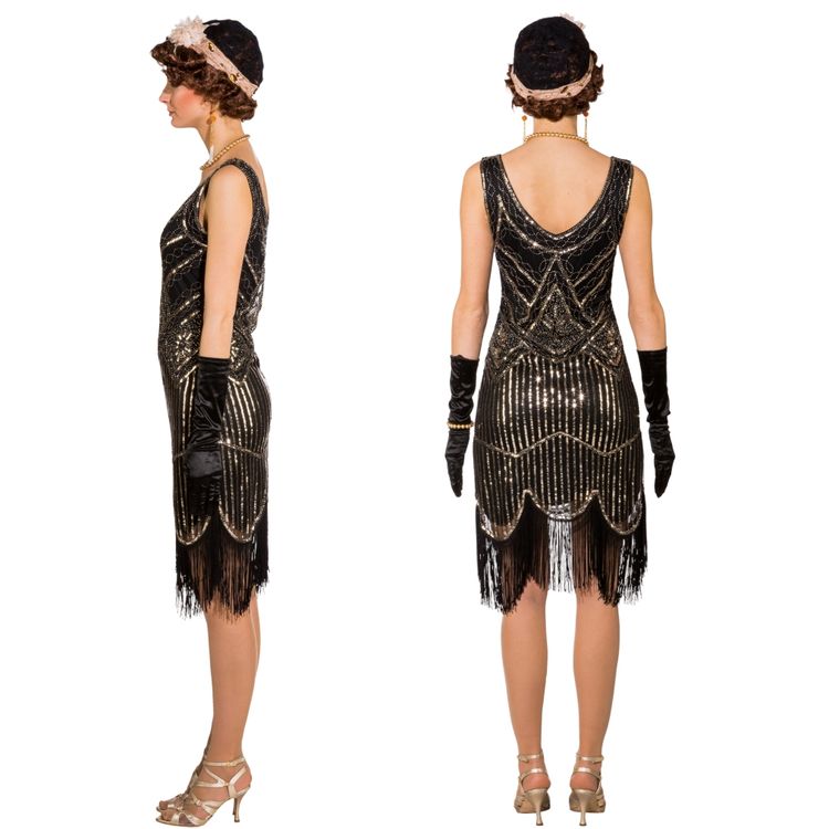 Charleston Kostüm 20er Jahre Deluxe Pailletten-Kleid für Damen Gr. S-XL gold-schwarz Paillettenkleid mit Fransen Fasching Karneval Mottoparty