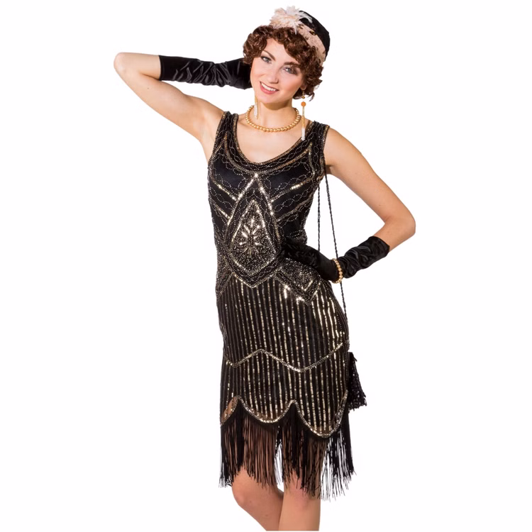 Charleston Kostüm 20er Jahre Deluxe Pailletten-Kleid für Damen Gr. S-XL gold-schwarz Paillettenkleid mit Fransen Fasching Karneval Mottoparty Charleston Kostüm 20er Jahre Deluxe Pailletten-Kleid für Damen Gr. S-XL gold-schwarz Paillettenkleid mit Fransen Fasching Karneval Mottoparty