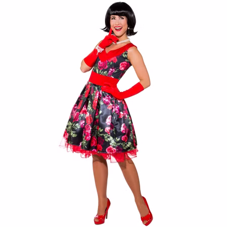 Rockabilly Kleid 50er Miss Flower Damen Rosenmuster mit Petticoat Gr. 38-46 SALE Fasching Karneval Mottoparty Frau im schwarzen Rockabilly-Kleid mit Rosenmuster, rotem V-Ausschnitt, Taillenband und sichtbar eingearbeitetem Petticoat.