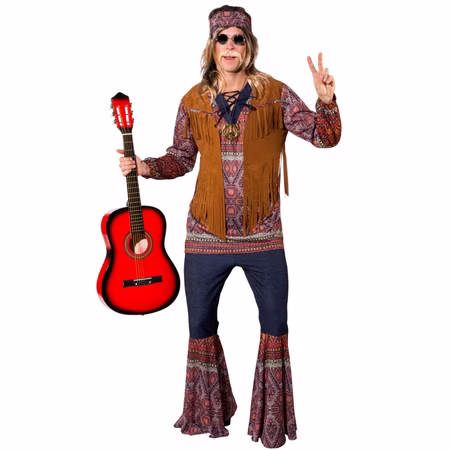 Hippie Kostüm Woody für Herren Gr. 46-48 Coachella 70er Fasching Karneval Mottoparty Schlagermove Hippie Kostüm Woody für Herren mit Gitarre in der Hand von Vorne