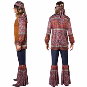 Hippie Kostüm Woody für Herren Gr. 46-48 Coachella 70er Fasching Karneval Mottoparty Schlagermove Hippie Kostüm Woody für Herren mit Gitarre von der Seite und von Hinten