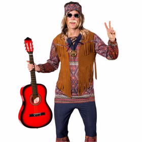 Hippie Kostüm Woody für Herren Gr. 46-48 Coachella 70er Fasching Karneval Mottoparty Schlagermove Hippie Kostüm Woody für Herren mit Gitarre in der Hand von Vorne Nahaufnahme