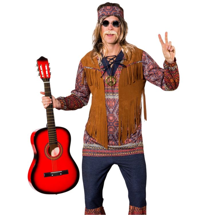 Hippie Kostüm Woody für Herren mit Gitarre in der Hand von Vorne