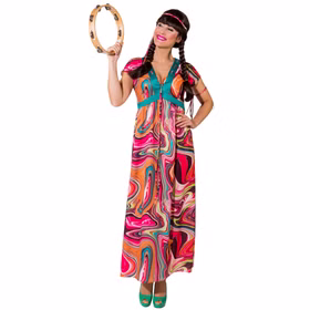 Hippie Kostüm Alina 70er Jahre Kleid lang für Damen Gr. 34-52 bunt Fasching Karneval Mottoparty Schlagermove