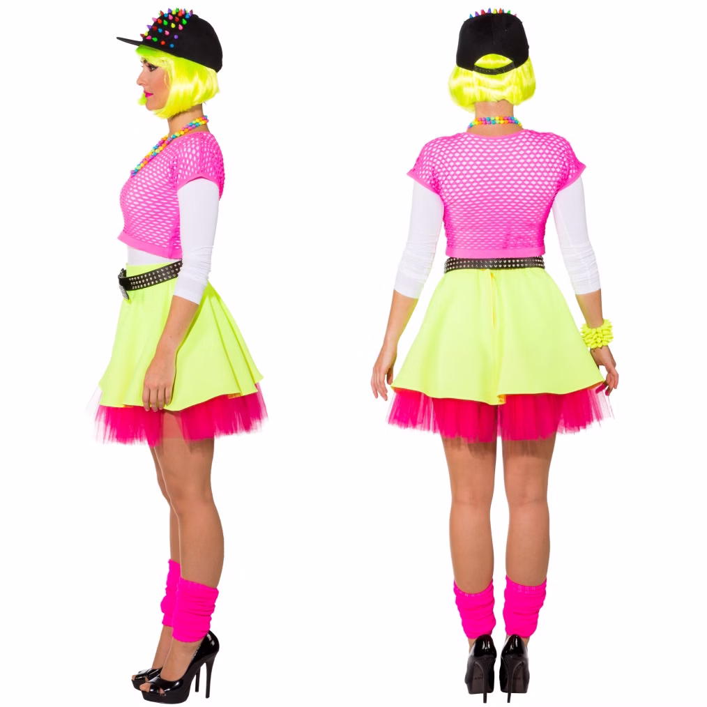 80er Jahre Neonrock Damen mit pinkem Petticoat Gr. 34/36 Kostüm-Zubehör SALE 80er 90er Neon-Party Fasching Karneval Mottoparty Seiten- und Rückansicht des ausgestellten neongelben Rocks mit pinkem Petticoat; weitere Kleidung und Accessoires sind nicht enthalten.