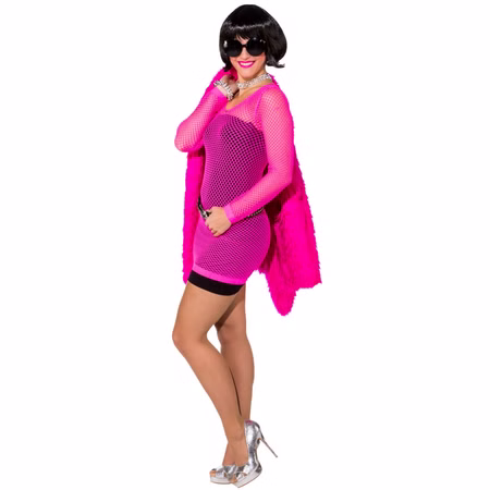 80er & 90er Netzkleid Elastisches Netzshirt Pink für Damen Gr. 34-42 Kostüm-Zubehör SALE Fasching Karneval Mottoparty Schlagermove Frau mit pinkfarbenem, langärmligem Netzkleid über einem schwarzen Unterkleid; Perücke, Sonnenbrille, Plüschjacke und Schmuck sind Zubehör.