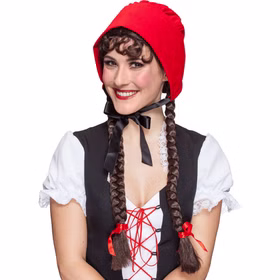 Rotkäppchen Haube Rot Märchen Kostüm-Zubehör für Erwachsene Onesize Fasching Karneval Mottoparty Theater Accessoire Kopfbedeckung Rote Rotkäppchen-Haube für Erwachsene mit schwarzem Bindeband unter dem Kinn, getragen zu einem Märchen-Kostüm.