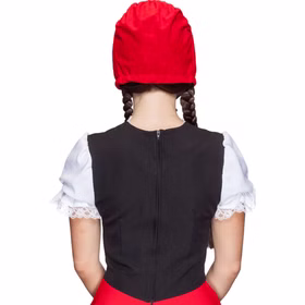 Rotkäppchen Haube Rot Märchen Kostüm-Zubehör für Erwachsene Onesize Fasching Karneval Mottoparty Theater Accessoire Kopfbedeckung Rote Märchen-Haube für Erwachsene von hinten mit gerafftem Saum und schwarzem Bindeband, Kostümzubehör ohne Haarzöpfe