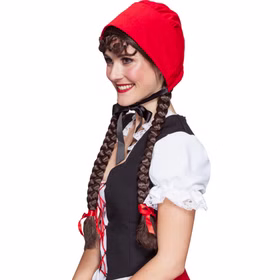 Rotkäppchen Haube Rot Märchen Kostüm-Zubehör für Erwachsene Onesize Fasching Karneval Mottoparty Theater Accessoire Kopfbedeckung Rotkäppchen Kostümhaube in Rot mit schwarzem Schleifenband zum Binden, Seitenansicht, Kopfbedeckung ohne angenähte Zöpfe