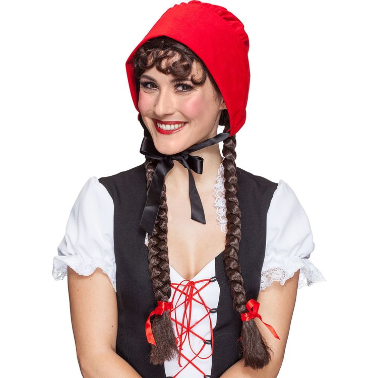 Rote Rotkäppchen-Haube für Erwachsene mit schwarzem Bindeband unter dem Kinn, getragen zu einem Märchen-Kostüm.