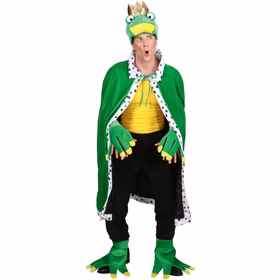 Frosch Kostüm Zubehör-Set mit Krone Mütze Handschuhe & Fußstulpen für Erwachsene Einheitsgröße Tier Tierkostüm Kostüm-Zubehör Fasching Karneval Mottoparty Theater Erwachsene Person im Froschkönig-Kostümzubehör mit grüner Froschmütze samt goldener Krone, grünen Handschuhen und passenden Fußstulpen vor weißem Hintergrund.