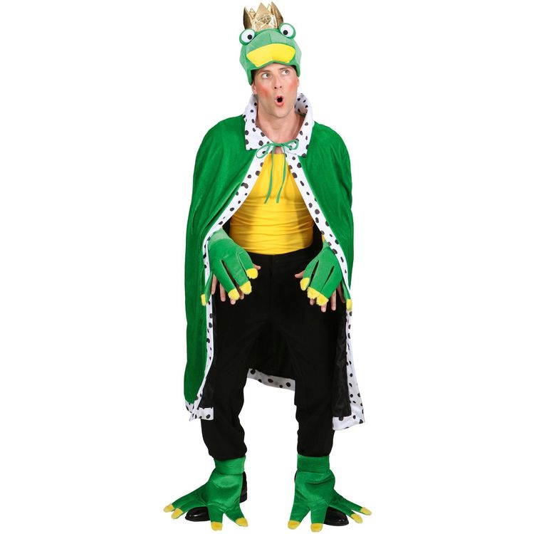 Frosch Kostüm Zubehör-Set mit Krone Handschuhe & Fußstulpen für Erwachsene Erwachsene Person im Froschkönig-Kostümzubehör mit grüner Froschmütze samt goldener Krone, grünen Handschuhen und passenden Fußstulpen vor weißem Hintergrund.