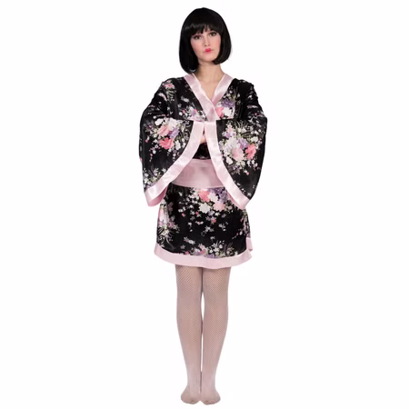 Japanerin Kostüm Geisha Kiwi für Damen Gr. 40-42 schwarz/rosa Kimono SALE Fasching Karneval Mottoparty Elegantes Geisha Damenkostüm mit schwarzem Satin-Kimono, floralem Blütenmuster und rosafarbenem Obi-Gürtel im Japan-Stil.