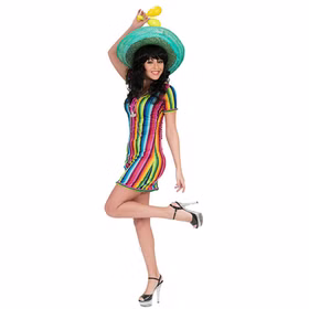 Farbenfrohes Mexikanerin Damenkostüm mit kurzem gestreiftem Fiesta-Kleid und dekorativen Quasten im bunten Salsa-Stil.