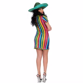 Rückansicht des farbenfrohen Mexikanerin Damenkostüms mit kurzem gestreiftem Fiesta-Kleid und dekorativen Quasten im bunten Salsa-Stil.