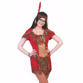 Nahaufnahme des Damenkostüm sim Western- und Tribal-Stil mit rot-braunem Fransen-Kleid, dekorativen Federn und figurbetontem Schnitt.