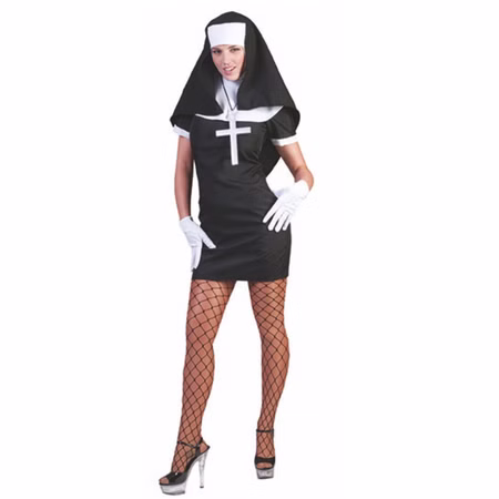 Nonnen Kostüm Schwester Maria für Damen Gr. 32-46 Kleid Kirche Geistliche Klerus SALE Fasching Karneval Mottoparty Paarkostüm Gruppenkostüm Damen Nonnenkostüm mit schwarzem kurzem Kleid, weißem Kragen, Haube und Kreuzmotiv im klassischen Klosterstil.
