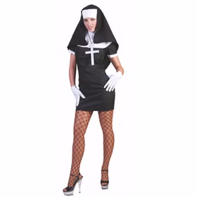 Damen Nonnenkostüm mit schwarzem kurzem Kleid, weißem Kragen, Haube und Kreuzmotiv im klassischen Klosterstil.