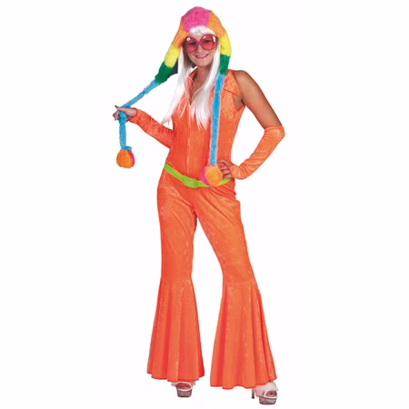 Disco Kostüm 70er Jahre Jumpsuit orange für Damen Gr. 32-38 SALE Fasching Karneval Mottoparty Schlagermove Damenkostüm im 70er Jahre Disco-Stil mit orangefarbenem Schlaghosen-Jumpsuit, langen Handschuhen und buntem Retro-Accessoire-Look.