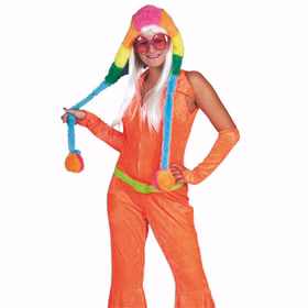 Nahaufnahme des Orangefarbenen 70er Jahre Kostüms für Damen von Vorne.