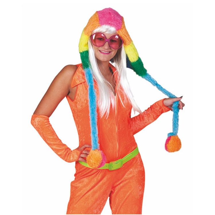 Regenbogen Fellmütze mit Bommeln bunt Hippie Neon Damen Mütze Fasching