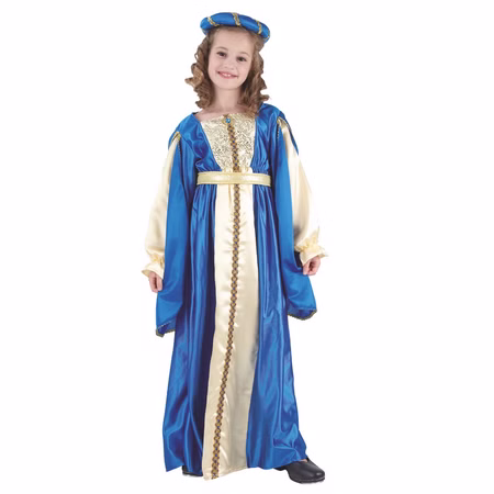 Mittelalter Prinzessin Kostüm Kinder Azula Blau Gold mit Hut 4-12 Jahre SALE Krippenspiel Fasching Karneval Mottoparty Kinderfasching Adlige Mittelaltermode Mittelalterfest Mädchen im langen blau-goldenen Prinzessinnenkleid mit goldenen Verzierungen, Gürtel und passender mittelalterlicher Kopfbedeckung. Das elegante Kostüm erinnert an eine Hofdame oder Märchenprinzessin aus dem Mittelalter.