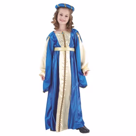 Mädchen im langen blau-goldenen Prinzessinnenkleid mit goldenen Verzierungen, Gürtel und passender mittelalterlicher Kopfbedeckung. Das elegante Kostüm erinnert an eine Hofdame oder Märchenprinzessin aus dem Mittelalter.