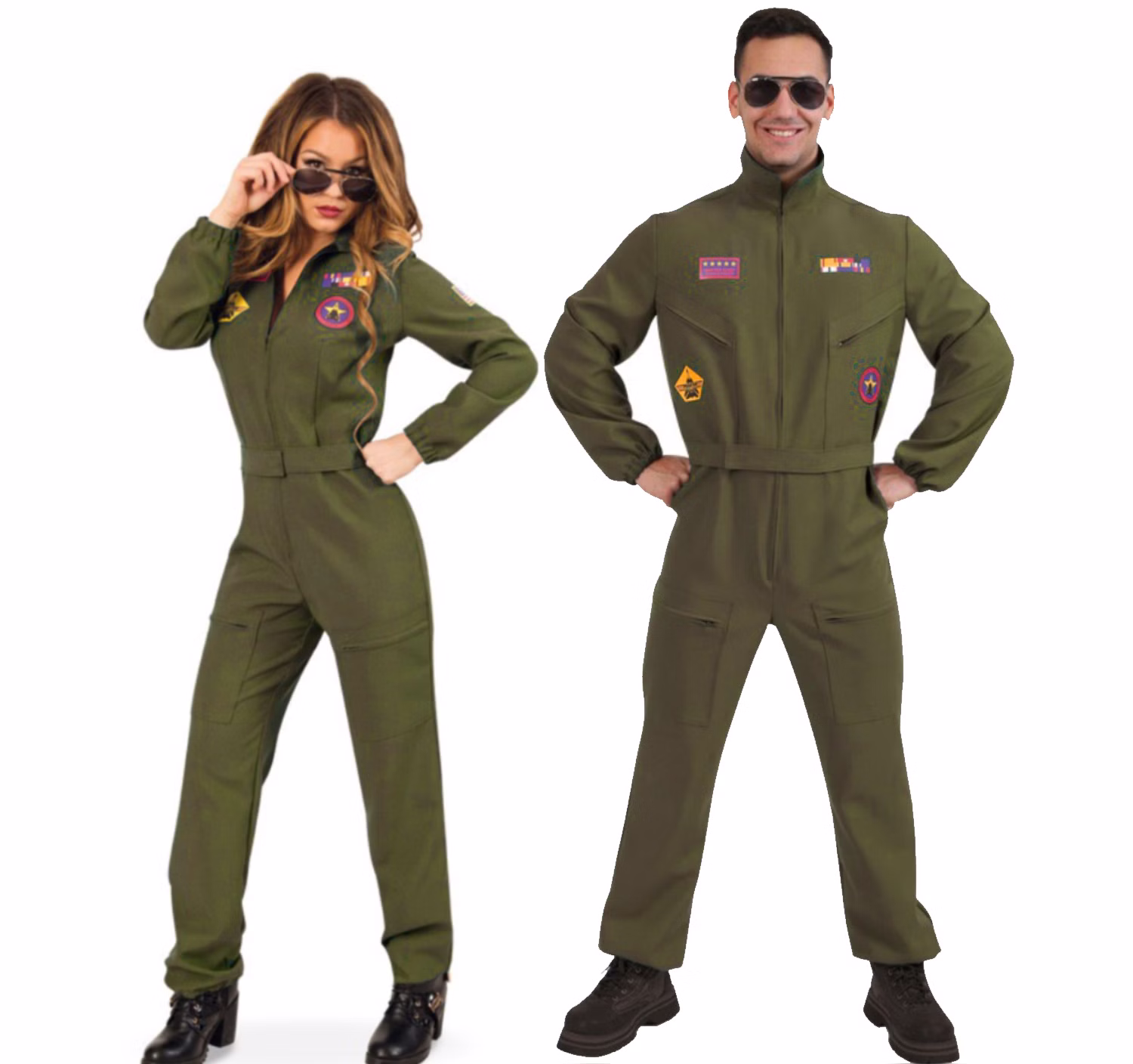 Frau und Mann in olivgrünen Kampfpiloten Overalls mit Flieger-Patches als passendes Partnerkostüm für Fasching und Mottoparty.