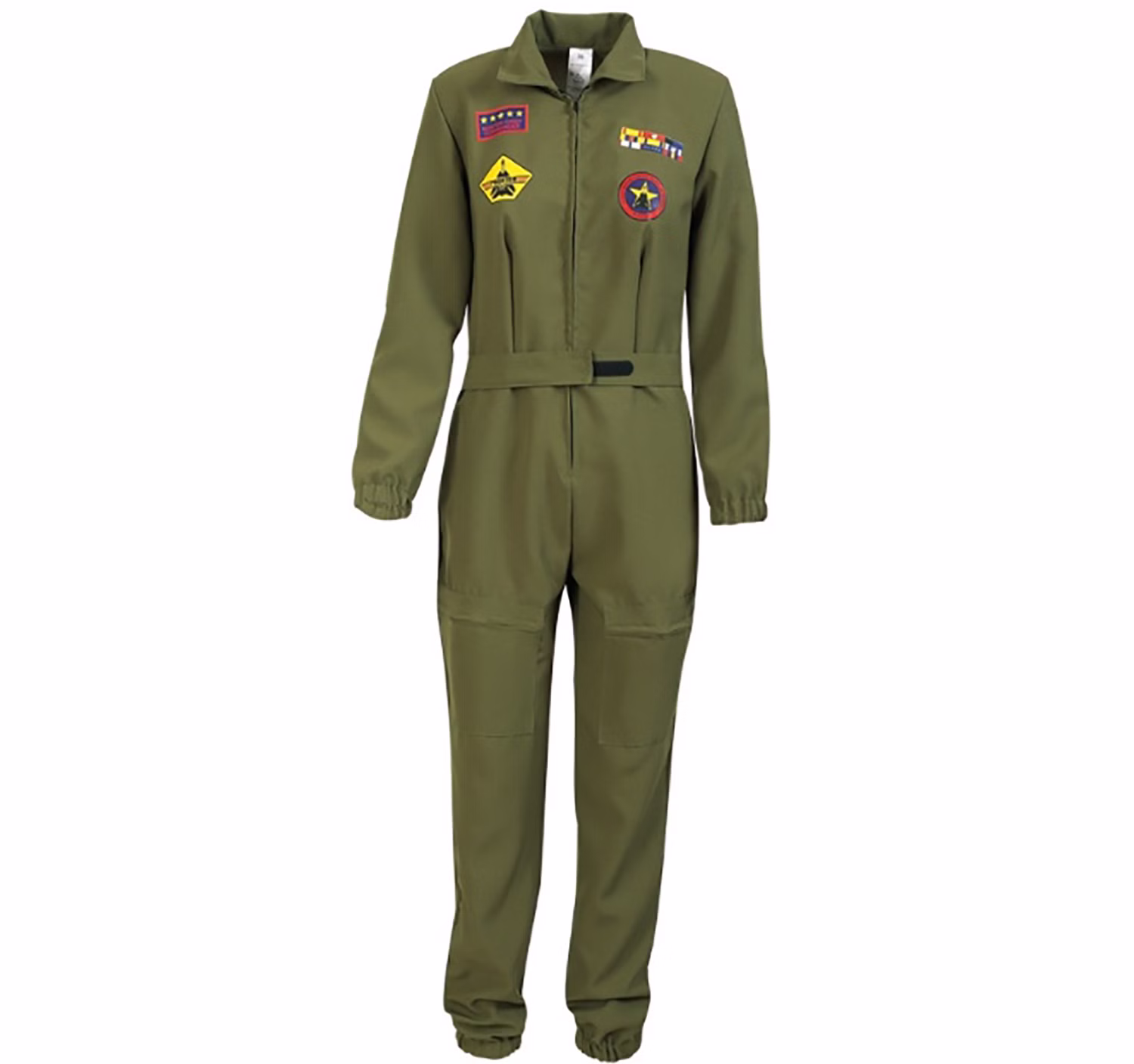 Olivgrüner Kampfpilotin Overall für Damen in Vorderansicht mit Reißverschluss, Patches, Taillengürtel und Beintaschen.