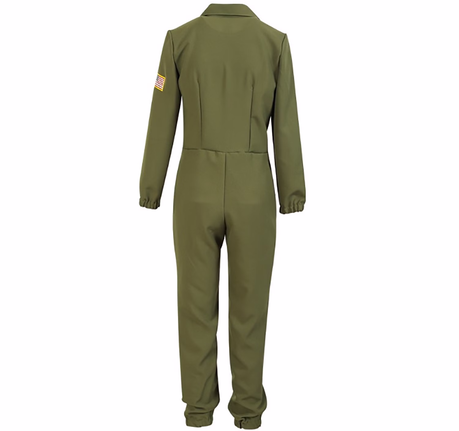 Rückansicht des olivgrünen Kampfpilotin Overalls für Damen mit schlichtem Rücken, langen Ärmeln und elastischen Beinabschlüssen.