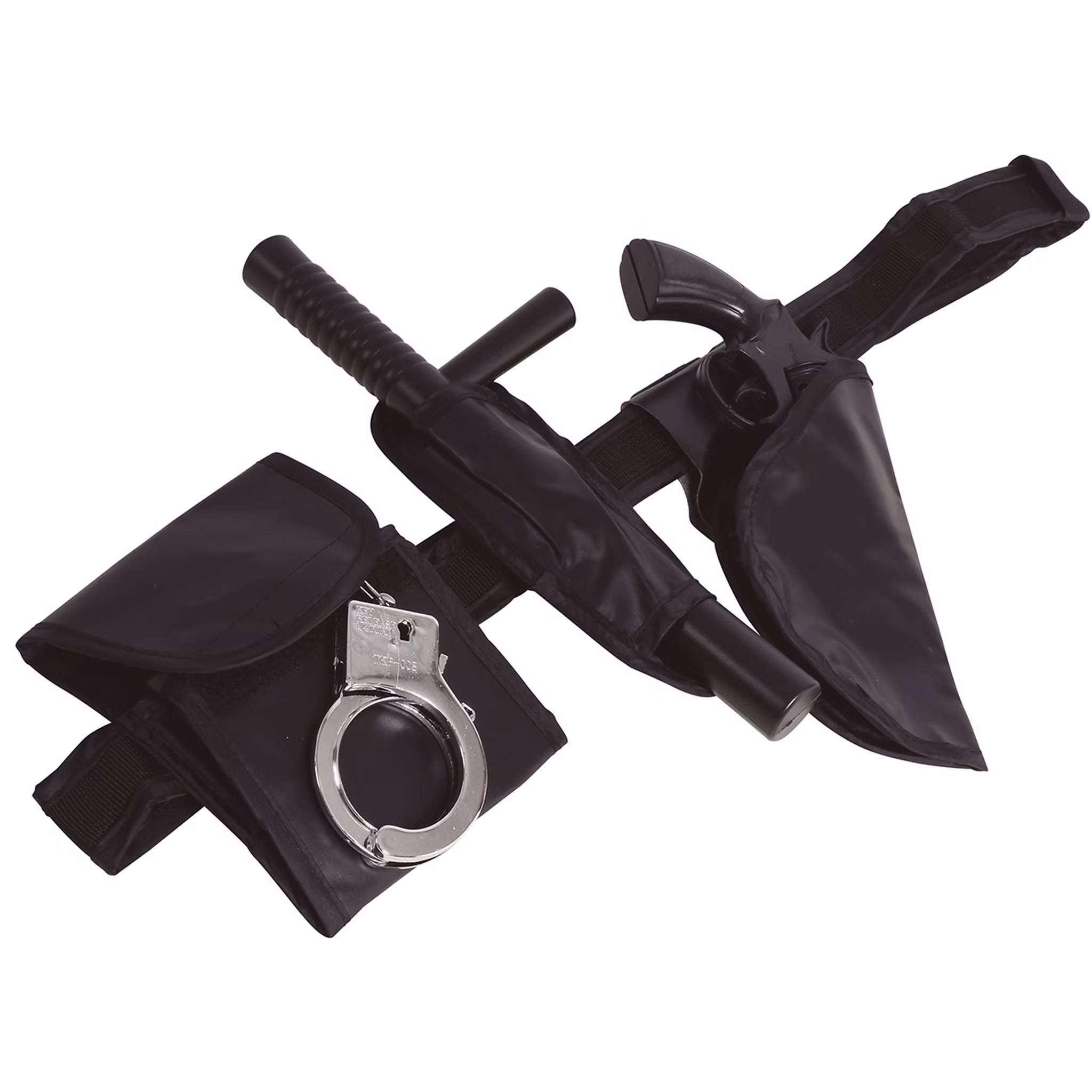 Schwarzer Polizei-Gürtel mit Spielzeugwaffe, Schlagstock, Handschellen und Taschen als Kostümzubehör.