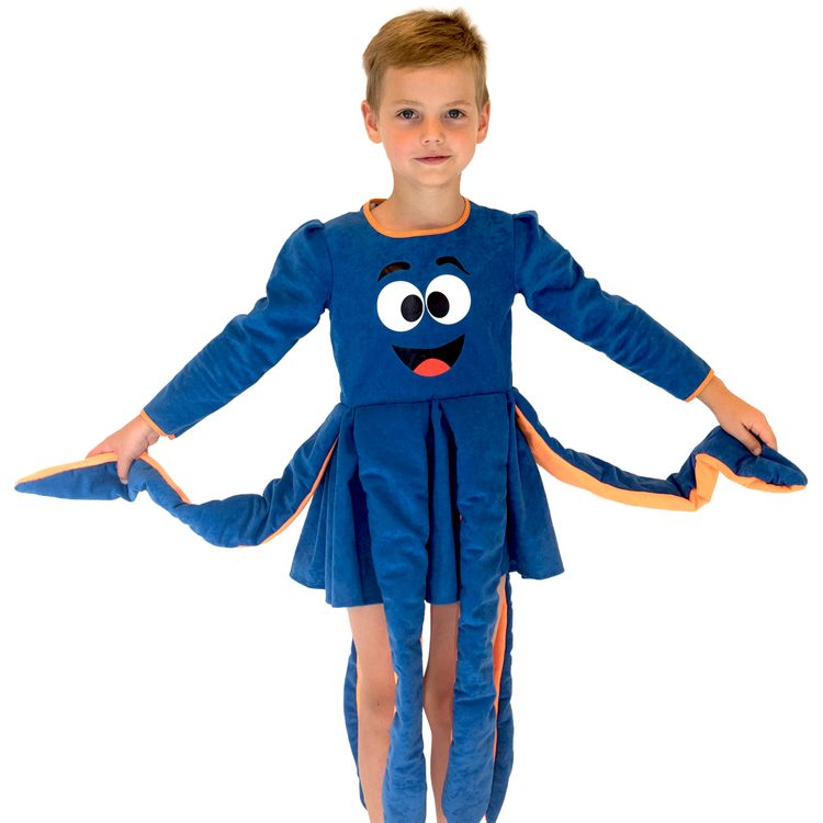 Octopus Kostüm Krake blau für Kinder mit hochgehaltenen Tentakeln rechts und links von Vorne