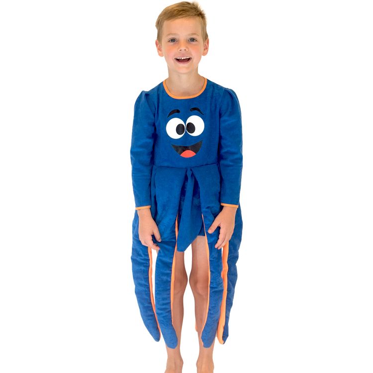 Octopus Kostüm Krake blau für Kinder mit hochgehaltenen Tentakeln rechts und links von Vorne