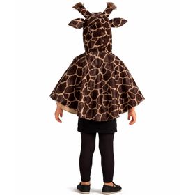 Kind trägt Giraffen-Cape mit Kapuze und Ohren, Vorderansicht des braun gemusterten Tierkostüms.