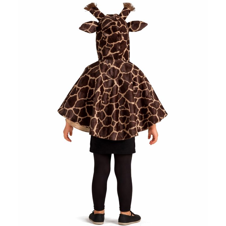 Kind trägt Giraffen-Cape mit Kapuze und Ohren, Vorderansicht des braun gemusterten Tierkostüms.