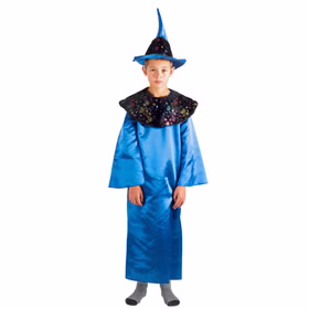 Zauberer Kostüm Magier Nino mit Hut für Kinder Gr. 104-140 Tunika blau SALE Fasching Karneval Mottoparty Kinderfasching Kindergeburtstag