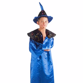 Zauberer Kostüm Magier Nino mit Hut für Kinder Gr. 104-140 Tunika blau SALE Fasching Karneval Mottoparty Kinderfasching Kindergeburtstag