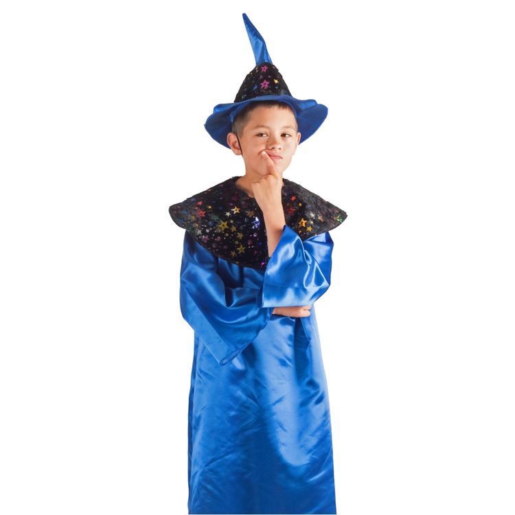 Zauberer Kostüm Magier Nino mit Hut für Kinder Gr. 104-140 Tunika blau SALE Fasching Karneval Mottoparty Kinderfasching Kindergeburtstag