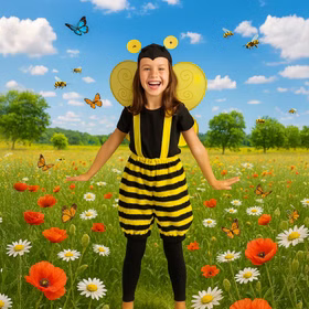 Bienen Kostüm Honigbiene Summi für Kinder Gr. 92-128 Biene Tierkostüm Fasching Karneval Mottoparty Kindergeburtstag Bienen Kostüm Honigbiene Summi für Kinder auf einer sommerlichen Blumenwiese umgeben von Bienen und Schmetterlingen von Vorne