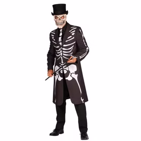 Skelett Kostüm Halloween Mantel Knochen Gehrock für Herren von Vorne mit Gehstock in beiden Händen