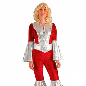 Dancing Queen Kostüm Musikerin Anni rot silber für Damen Gr. 36-46 Jumpsuit mit Gürtel Fasching Karneval Mottoparty Paar- und Gruppenkostüm